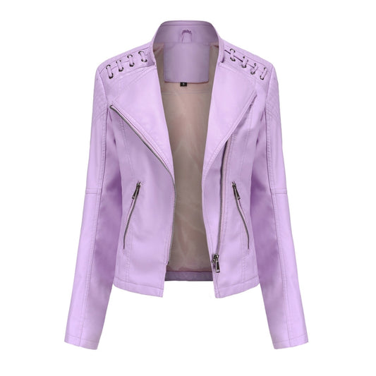 Women Short Leather Jacket Slim Jacket Motorcycle Suit, Size: XXL(Light Cherry Pink) - Jacket & Loose Coat by PMC Jewellery | Online Shopping South Africa | PMC Jewellery