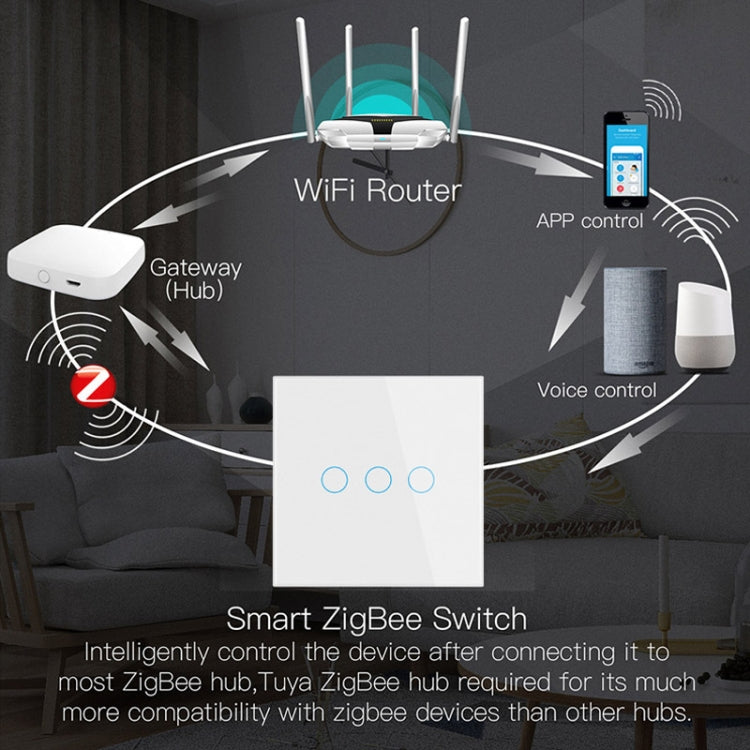 Tuya ZigBee Zero Firewire Touch Wall Remote Control Switch Light Control Voice Switch EU Plug, Style: 3 Gang (Black) - Smart Switch by PMC Jewellery | Online Shopping South Africa | PMC Jewellery