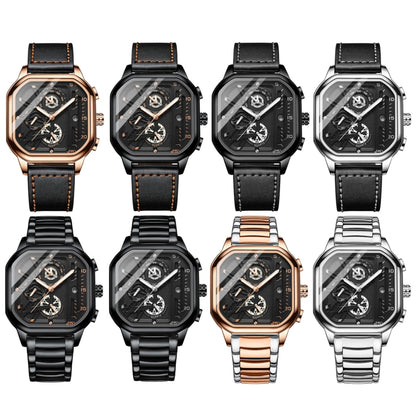 BINBOND B6577 30M Waterproof Luminous Square Quartz Watch, Color: Black Leather-Rose Gold - Leather Strap Watches by BINBOND | Online Shopping South Africa | PMC Jewellery | Buy Now Pay Later Mobicred