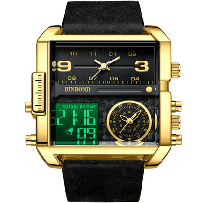 BINBOND B3332 Square Multifunctional Sports Quartz Waterproof Watch(Black Leather-Full-gold-Black) - Leather Strap Watches by BINBOND | Online Shopping South Africa | PMC Jewellery | Buy Now Pay Later Mobicred