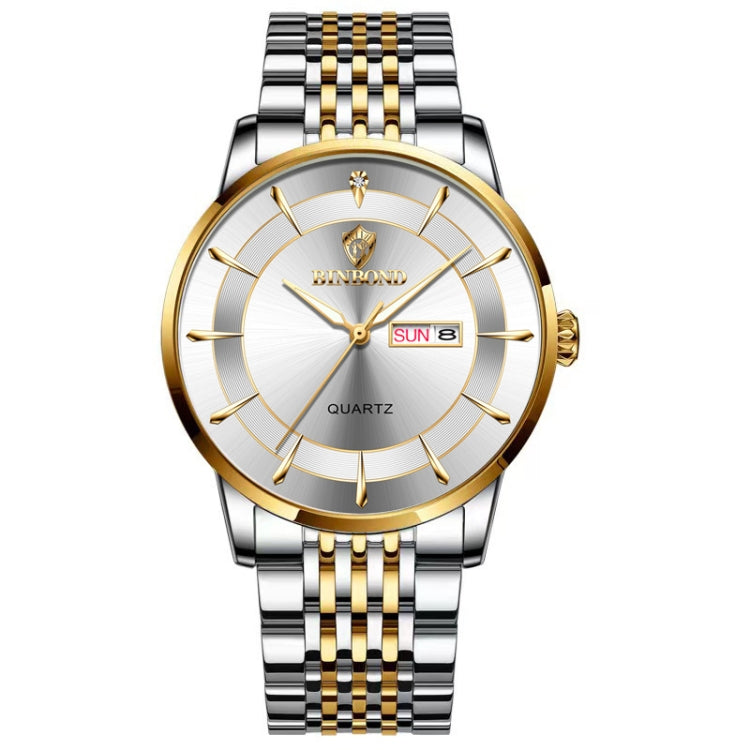 BINBOND B2077 30M Waterproof Quartz Luminous Watch Butterfly Buckle Men's Steel Belt Watch(Inter-gold-White) - Metal Strap Watches by BINBOND | Online Shopping South Africa | PMC Jewellery | Buy Now Pay Later Mobicred