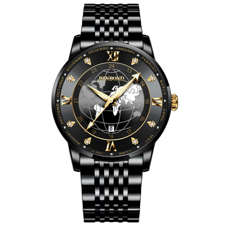 BINBOND B1117 30M Waterproof Earth Dial Butterfly Buckle Luminous Quartz Watch(Black Steel-Black-Gold) - Metal Strap Watches by BINBOND | Online Shopping South Africa | PMC Jewellery | Buy Now Pay Later Mobicred