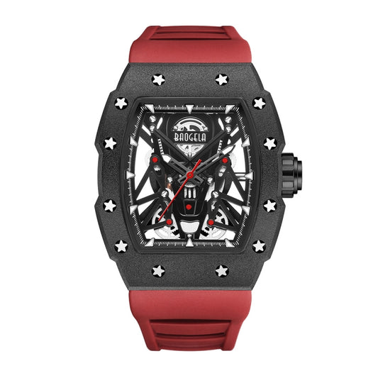 BAOGELA 224145 Barrel Skeleton Waterproof Sports Stainless Steel Silicone Men Watch(Black Shell Red Belt) - Silicone Strap Watches by BAOGELA | Online Shopping South Africa | PMC Jewellery