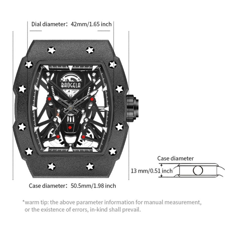 BAOGELA 224145 Barrel Skeleton Waterproof Sports Stainless Steel Silicone Men Watch(Black Shell Red Belt) - Silicone Strap Watches by BAOGELA | Online Shopping South Africa | PMC Jewellery