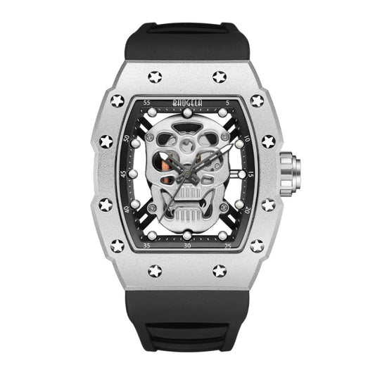 BAOGELA 224141 Hollow Skull Luminous Sports 304 Stainless Steel Silicone Men Watch(Steel Shell White Face Black Belt) - Silicone Strap Watches by BAOGELA | Online Shopping South Africa | PMC Jewellery