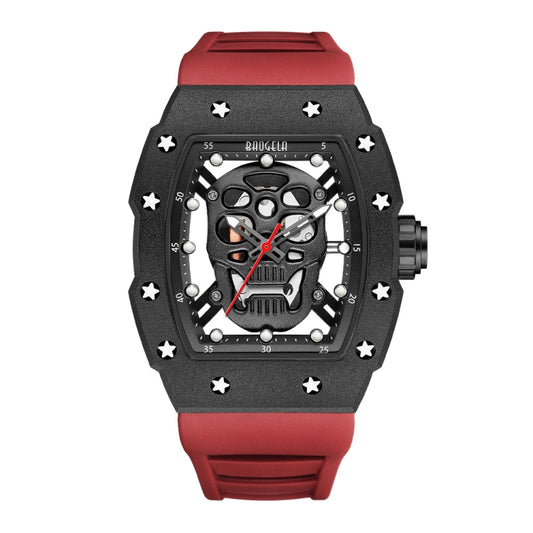 BAOGELA 224141 Hollow Skull Luminous Sports 304 Stainless Steel Silicone Men Watch(Black Shell Black Face Red Belt) - Silicone Strap Watches by BAOGELA | Online Shopping South Africa | PMC Jewellery