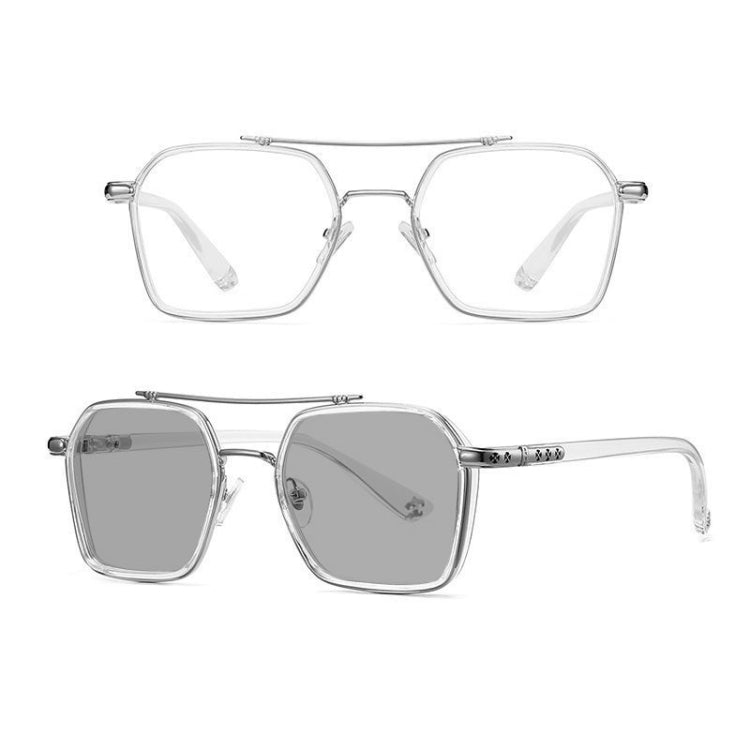 A5 Double Beam Polarized Color Changing Myopic Glasses, Lens: -550 Degrees Gray Change Grey(Transparent Silver Frame) - Plain Glass Spectacles by PMC Jewellery | Online Shopping South Africa | PMC Jewellery