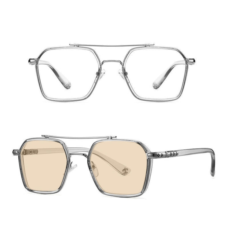 A5 Double Beam Polarized Color Changing Myopic Glasses, Lens: -250 Degrees Change Tea Color(Gray Silver Frame) - Plain Glass Spectacles by PMC Jewellery | Online Shopping South Africa | PMC Jewellery