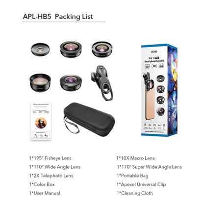 APEXEL APL-HB5 5 in 1 Wide Angle Macro Fisheye HD External Mobile Phone Lens(Set) - Macro & Wide-angle by APEXEL | Online Shopping South Africa | PMC Jewellery | Buy Now Pay Later Mobicred