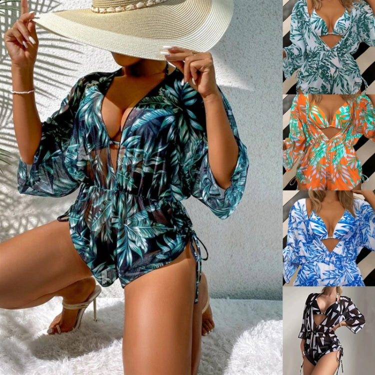 Leaf-print Waist Lace-up Three-Piece Bikini Set Long-sleeved Beach Sun Protection Swimsuit, Size: L(Black Leaf) - Swimwear by PMC Jewellery | Online Shopping South Africa | PMC Jewellery
