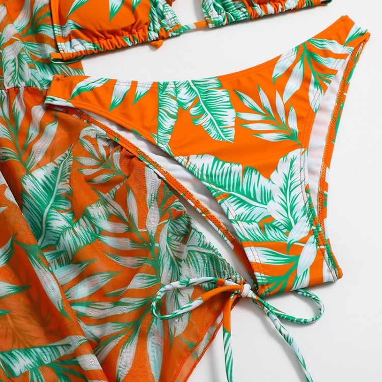 Leaf-print Waist Lace-up Three-Piece Bikini Set Long-sleeved Beach Sun Protection Swimsuit, Size: M(Orange) - Swimwear by PMC Jewellery | Online Shopping South Africa | PMC Jewellery