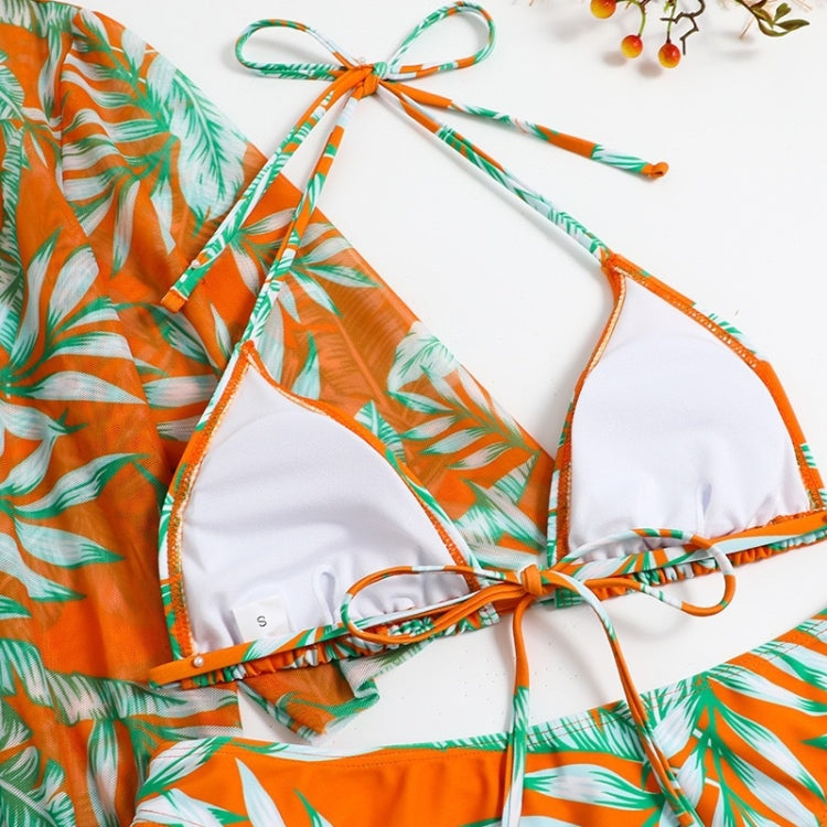 Leaf-print Waist Lace-up Three-Piece Bikini Set Long-sleeved Beach Sun Protection Swimsuit, Size: S(Orange) - Swimwear by PMC Jewellery | Online Shopping South Africa | PMC Jewellery