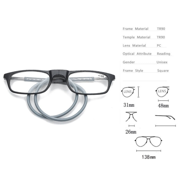 Portable Magnetic Hanging Neck Retractable Reading Glasses +350(Black Frame Gray Legs) - Presbyopic Glasses by PMC Jewellery | Online Shopping South Africa | PMC Jewellery