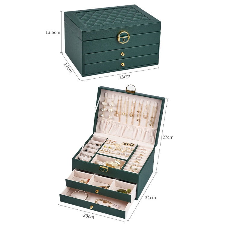 Diamond Pattern PU Leather Three-layer Drawer Jewelry Box Necklace Ring Jewelry Storage Box(Dark Green) - Jewelry Storages by PMC Jewellery | Online Shopping South Africa | PMC Jewellery