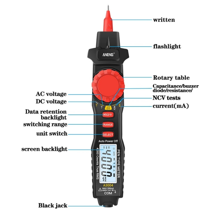 ANENG A3004 Multi-Function Pen-Type High-Precision Smart Multimeter(Black) - Digital Multimeter by ANENG | Online Shopping South Africa | PMC TechLife | Buy Now Pay Later Mobicred