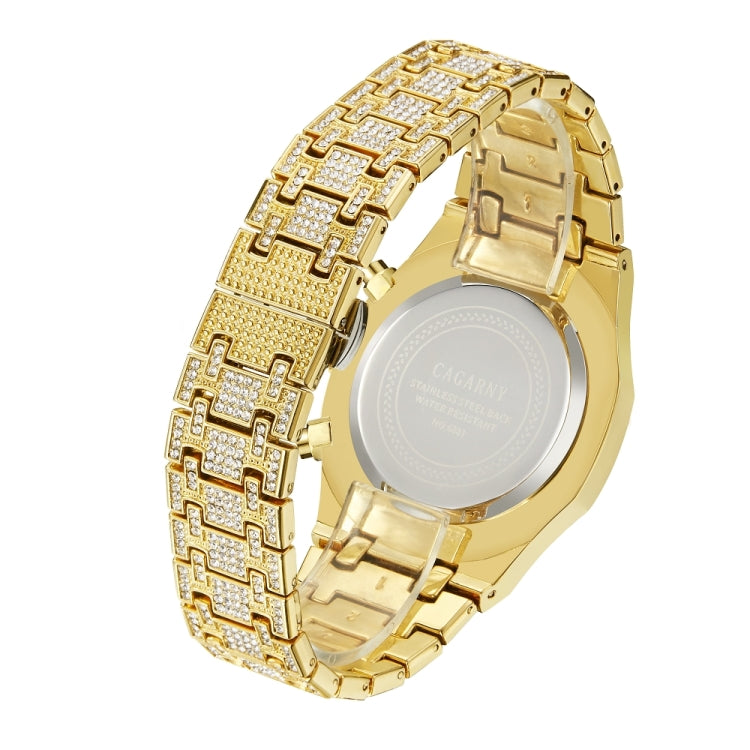 CAGARNY 6881 Diamond-studded Six-needles Guartz Dual Movement Watch Men Stainless Steel Strap Watch (Gold Shell Black Dial) - Metal Strap Watches by CAGARNY | Online Shopping South Africa | PMC Jewellery | Buy Now Pay Later Mobicred